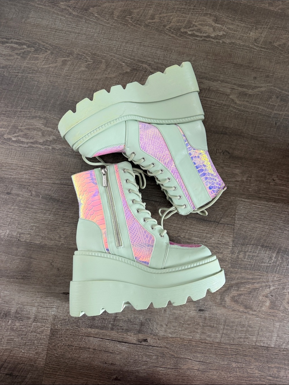 Cape Robbin Mint Green Platform Combat Boots with Iridescent Panels